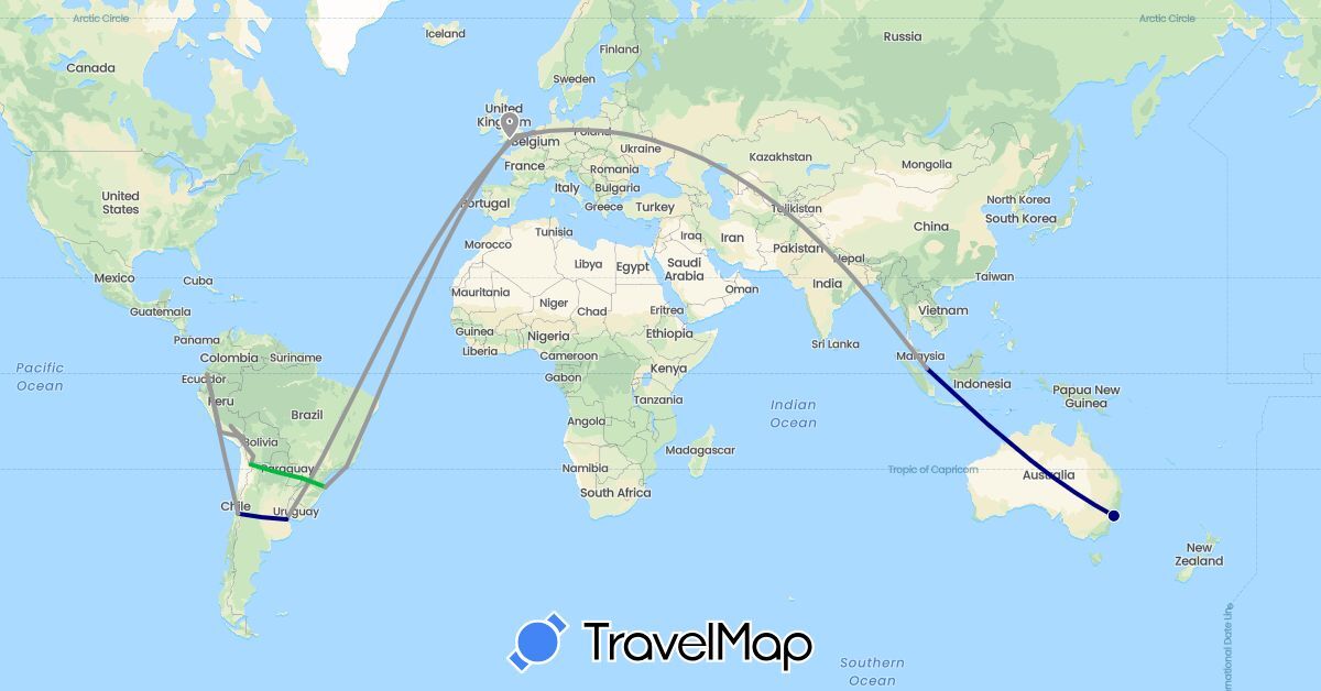 TravelMap itinerary: driving, bus, plane in Argentina, Australia, Bolivia, Brazil, Chile, Ecuador, United Kingdom, Netherlands, Peru, Paraguay, Singapore (Asia, Europe, Oceania, South America)